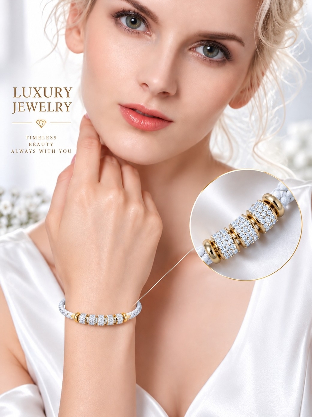 Luxury Crystal Beaded Bracelet in White and Gold